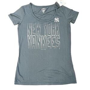 NY Yankees MLB Campus‎ Lifestyle Womens Navy Blue Tee Shirt Sz XS Criss Cross